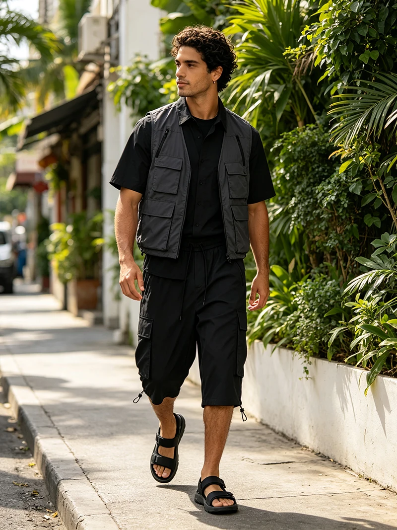 Herren Sommer Cargo Caprihose mit Reißverschlusstaschen, regulärer Passform, elastischem Bund, Kordelzug am Saum, für Freizeit, Outdoor, Wandern, Reisen und Alltag. – Detail 15