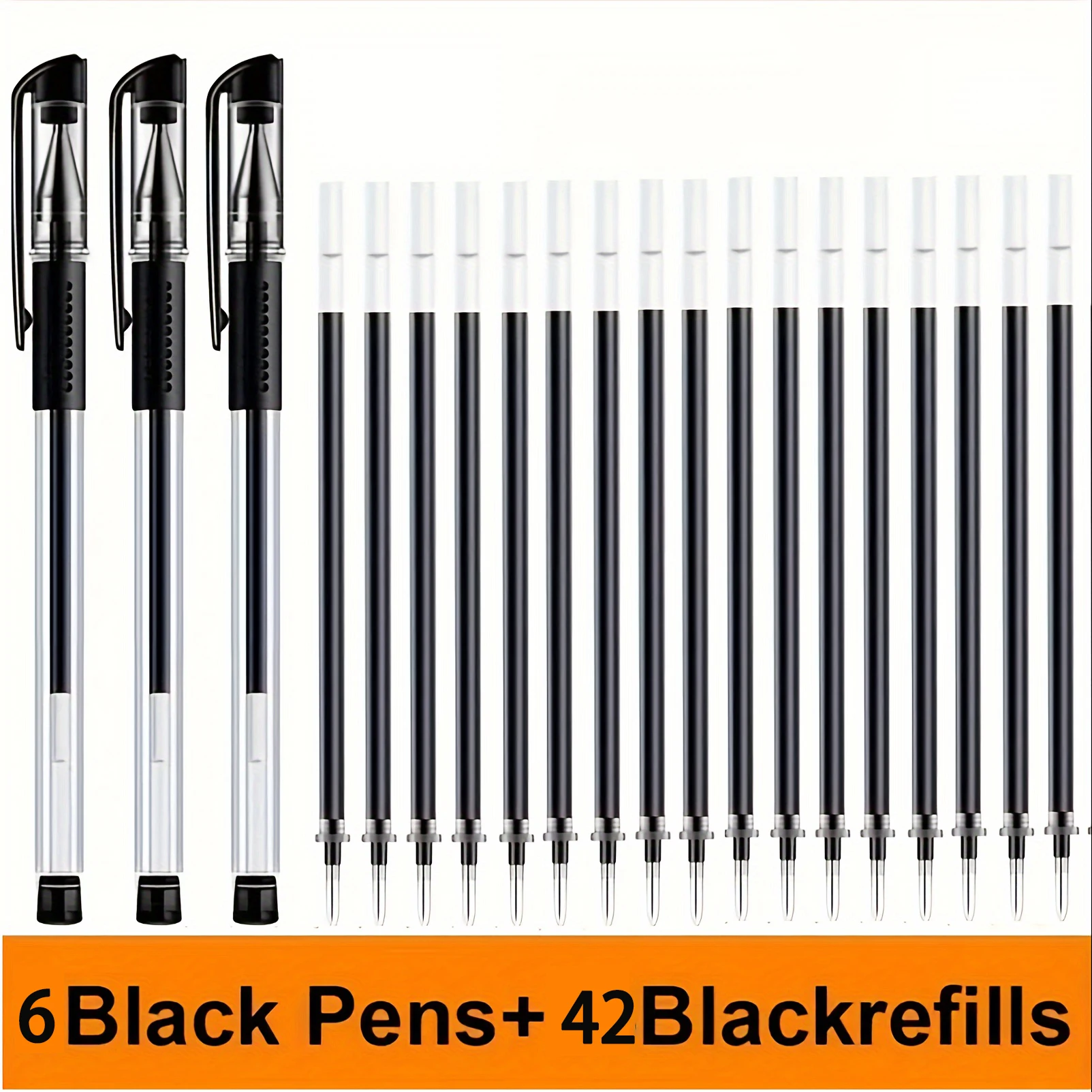 48pcs Gel Pens with Transparent Barrel, 0.5mm Smooth Writing for Office & School, Includes 6 Black Pens +42 Refills