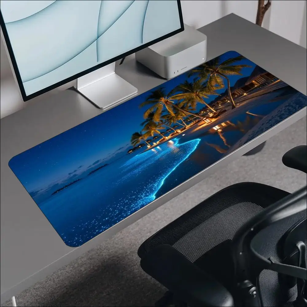 Extra Large Gaming Mouse Pad Glowing Night Ocean Shore Desk Mat Non Slip Locked Edge Keyboard Pad for Gaming Laptop Setup