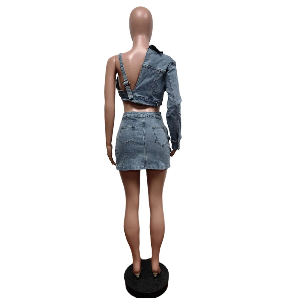 Women Jean Outfit Sexy Asymmetrical One Shoulder Bra Jacket and Mini Split Skirt Set 2024 Summer Femme Denim 2 Two Piece Sets