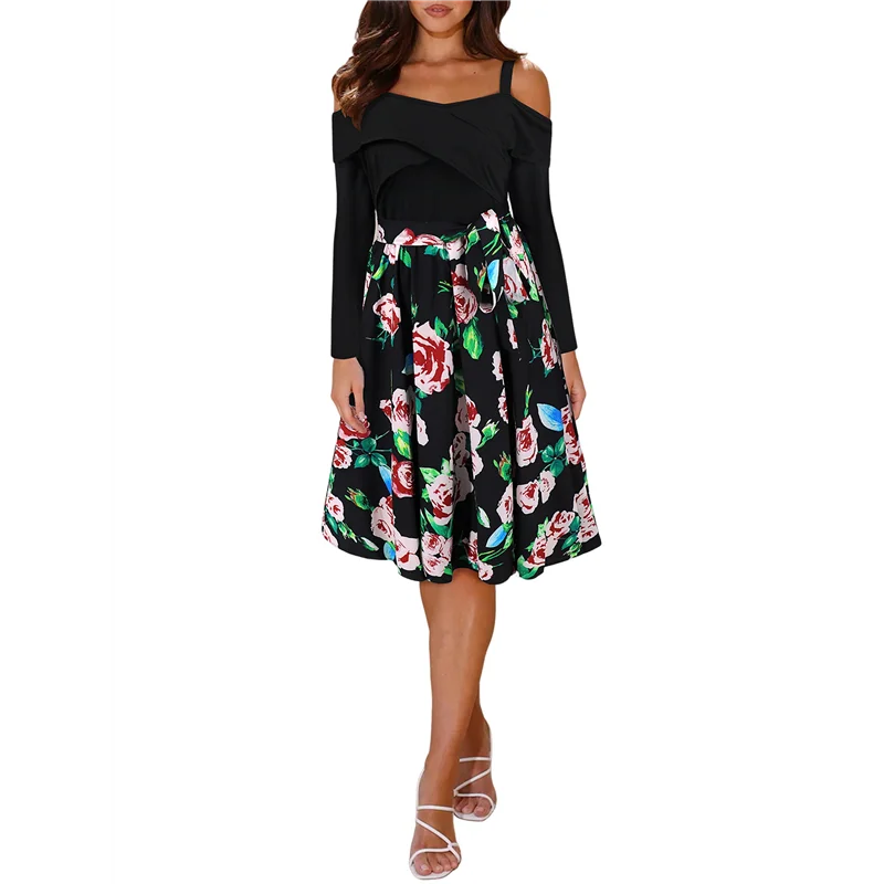 ABP-Women's Spring And Autumn Slim Fit Long Sleeve Off-The-Shoulder Floral A-Line Dress