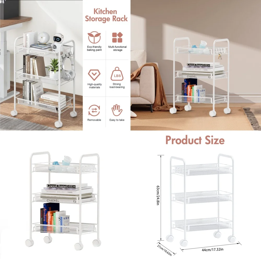 

3 Tier Rolling Cart with Storage Shelves Metal Utility Cart for Kitchen Bathroom Office Space Saving Mobile Trolley with Non Tip