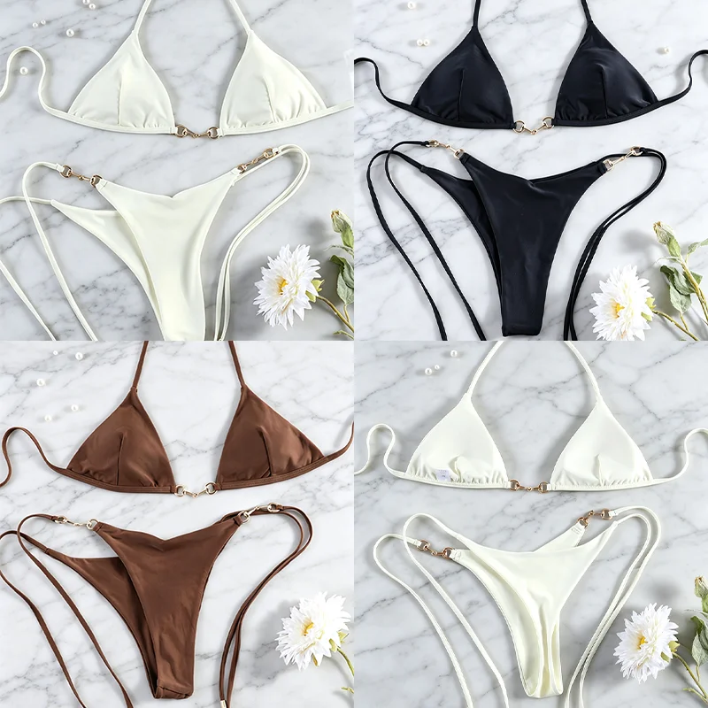 Rinade Solid Bikini Triangle Bikinis Halter Swimsuits High Cut Swimwear Bandage Swimsuit Sexy Bathing Suit New Style Beachwear