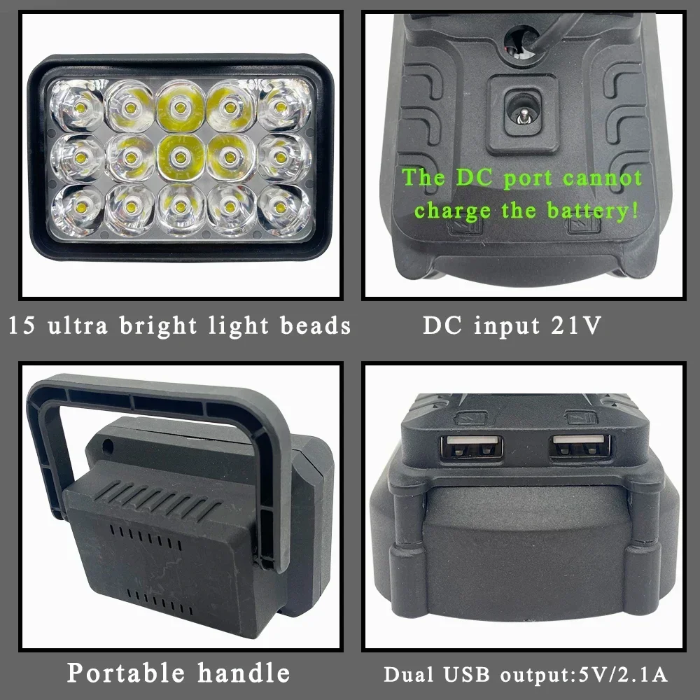 Lampa robocza LED z 15 diodami, przenośna latarka ręczna do akumulatora Makita 18V Li-ion, akcesorium BL1830, lampa robocza.