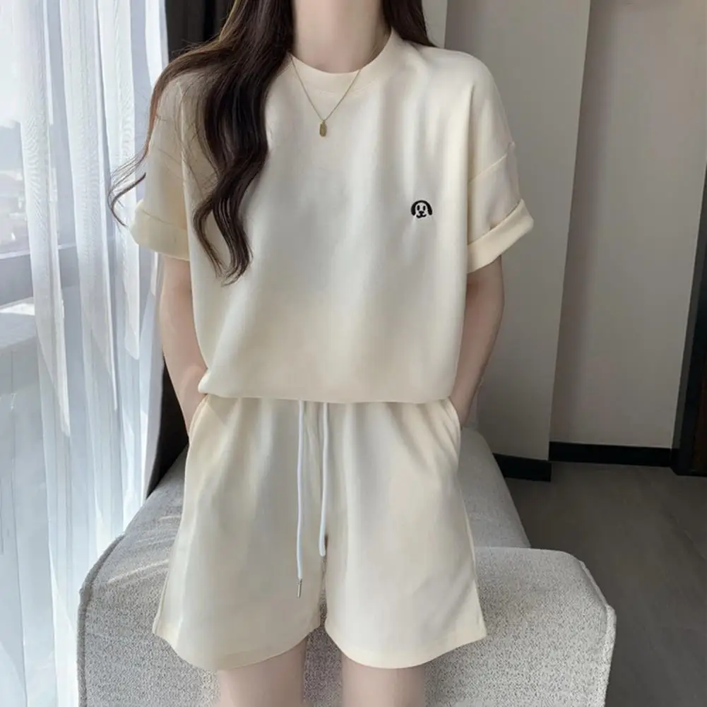 2 Pcs/Set Summer Women Tracksuit Pure Color O Neck Short Sleeve T-shirt Drawstring Elastic Waist Loose Shorts Lady Sport Suit