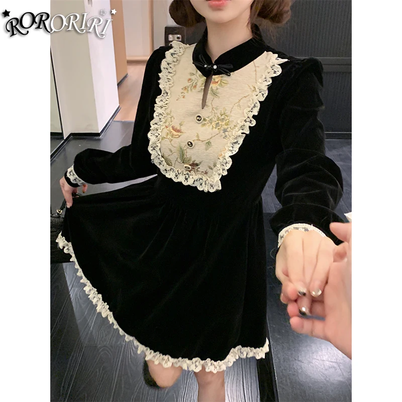 RORORIRI Medieval Retro Mini Velvet Dress Women Cut Out Lace Trim Puff Long Sleeve Black One-piece Pretty Elegant Winter Clothes