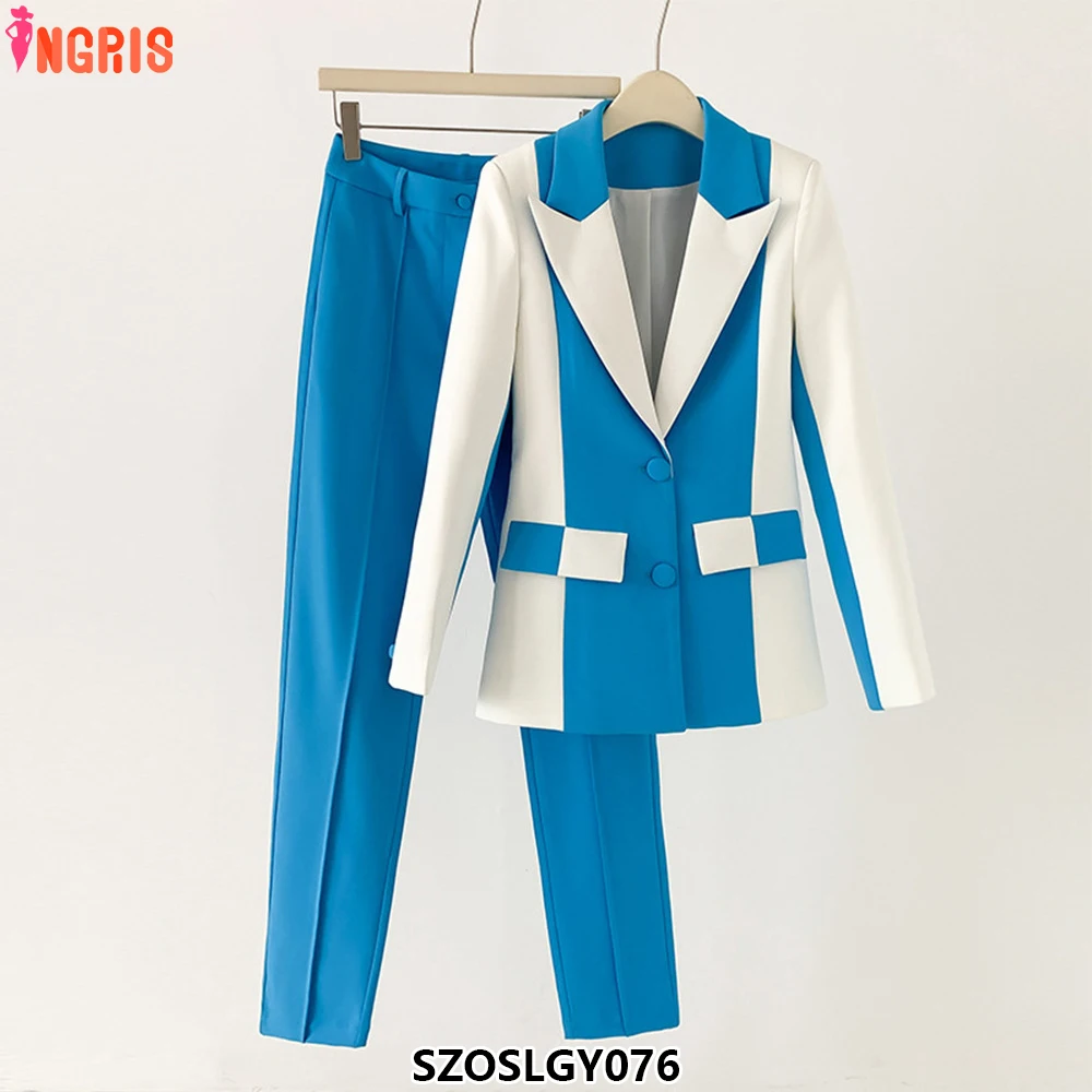 

Women's contrast color suit jacket straight pants fashionable two-piece suit trousers set-SZOSLGY076
