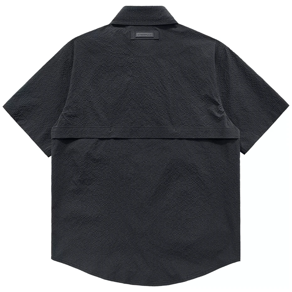 Black Cargo Shirt Men Summer Short Sleeve Shirts Multiple Pockets Techwear Tactical Button Tops Hip Hop Streetwear Male