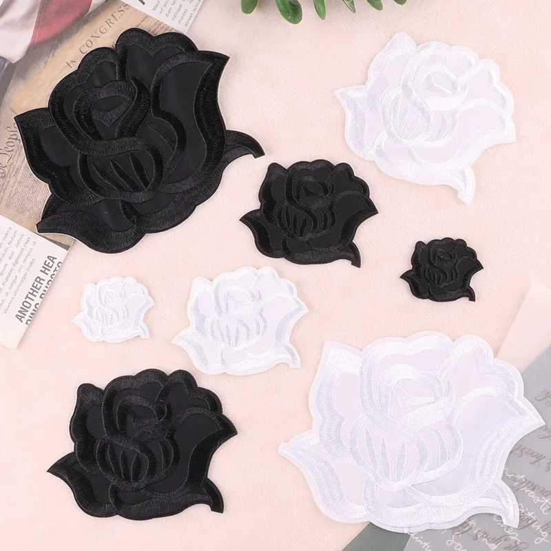 Self-Adhesive Embroidery Garment Patch, Black and White Rose, Hat, Sweater, T-Shirt, Bag, Scarf, DIY Gift Decoration, 8Pcs