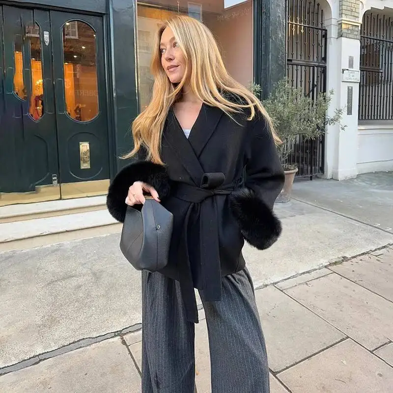 HUISONG Vossenbont Wollen Jas Dames Korte Jas Kantoor Dame Afneembare Elegante Dubbelzijdige Wollen Overjas 2025 Nieuwe Vest Jas