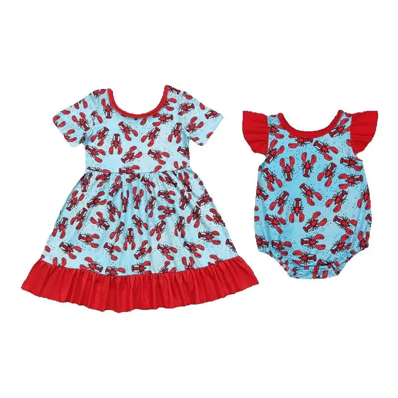 

Kids Matching Clothes Short Sleeve Dress And Romper With Crayfish red print Children Outfits Rts No Moq