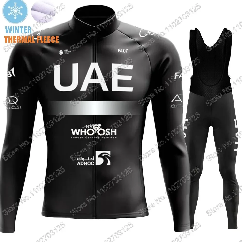 UAE Team 2024 Cycling Jersey Set Thermal Fleece Black TDF Winter Clothing Long Sleeve Road Pants Bib Bike Suit MTB Maillot