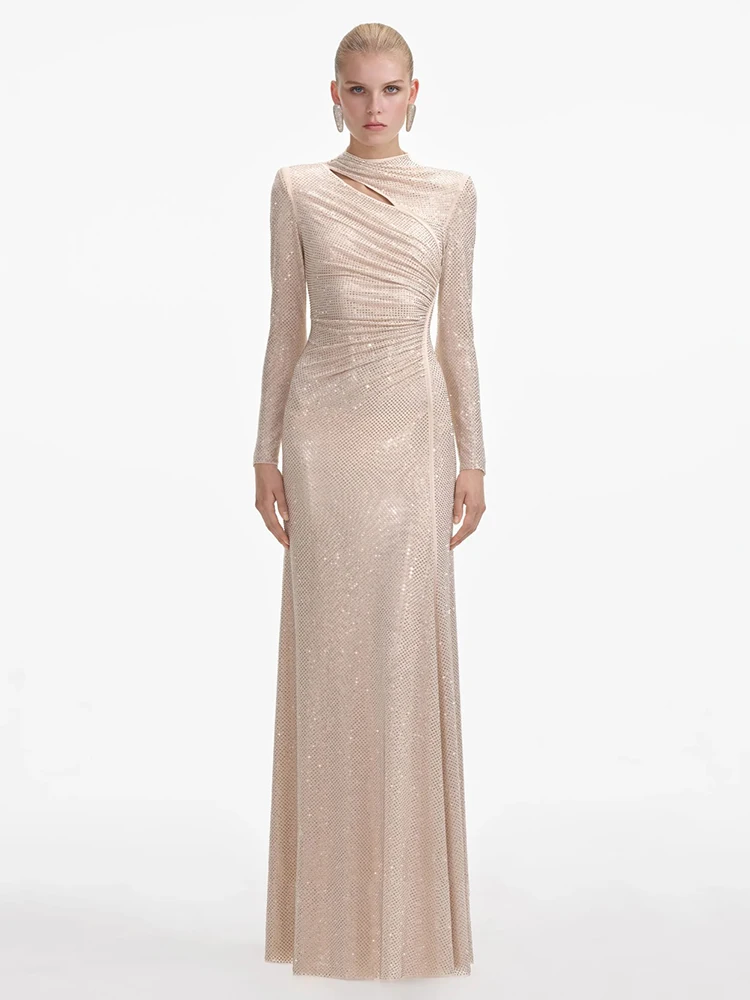 VC Women Champagne Sequin Maxi Dress – Long Sleeve Elegant Evening Gown Slim Fit Gala Dinners Party Gown Wedding Guest Dresses