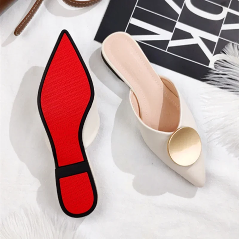 Women Etiquette Fluorescein Designer Luxury Slippers Flat Point Toe Shoes With Metal Circle Leather Summer Slides Black Beige 42