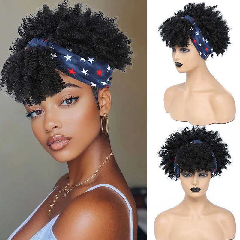 Afro Kinky Curly Headband Wig with Bangs Short Fluffy Curly Head Band Wigs for Black Women Synthetic Afro High Curly Scarf Wig