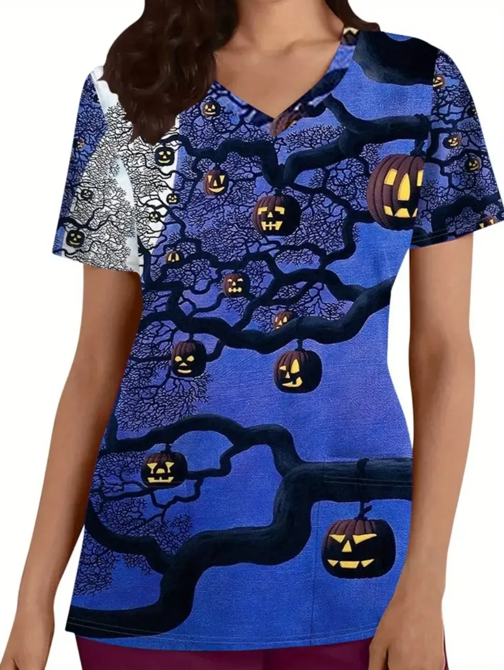 Damskie stroje na Halloween, medyczne, urocze, z wzorem dyni, bluza medyczna z dekoltem w serek, krótki rękaw, z kieszeniami, koszulka, halloweenowe stroje chirurgiczne.