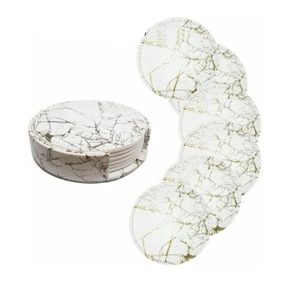 7Pcs Waterproof PU Leather Coaster Double-sided Marble Pattern Placemat 10cm Round Heat Insulation Pad Office