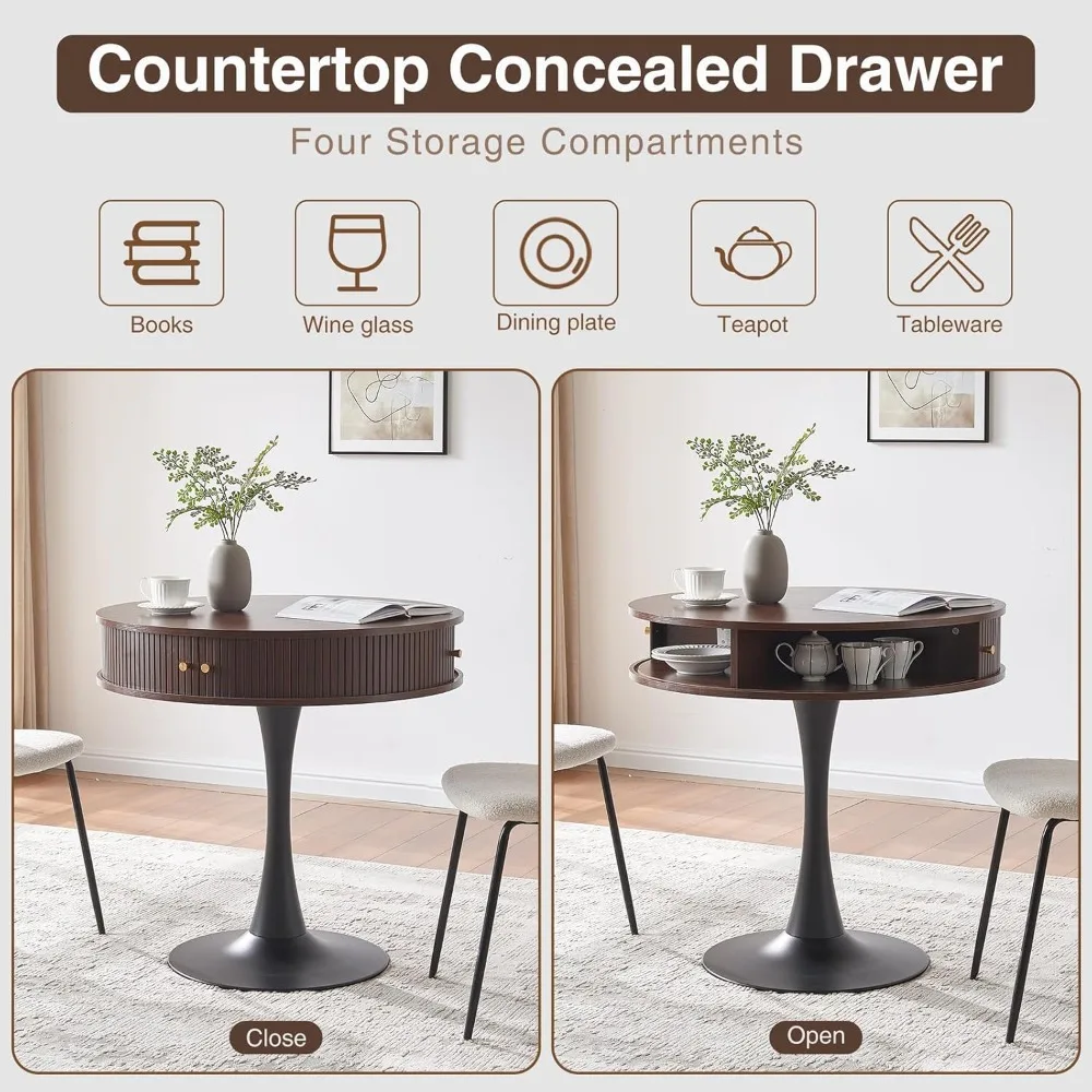 طاولة بقاعدة مستديرة مقاس 31.5 بوصة مع خشب الجوز المخفي |   طاولة بتصميم توليب مع أبواب منزلقة، لمسة نهائية من الخشب الصناعي للمطبخ