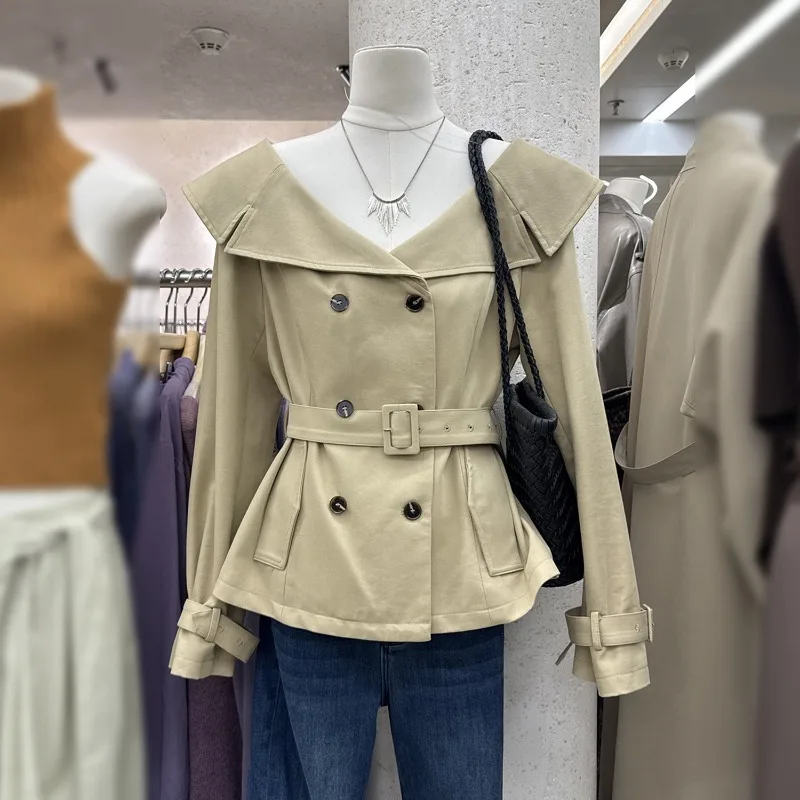 YYAHAHAS 2025 Autumn New Light Mature Style Double Breasted Khaki Windbreaker Jacket Short Coat for Women Clothes