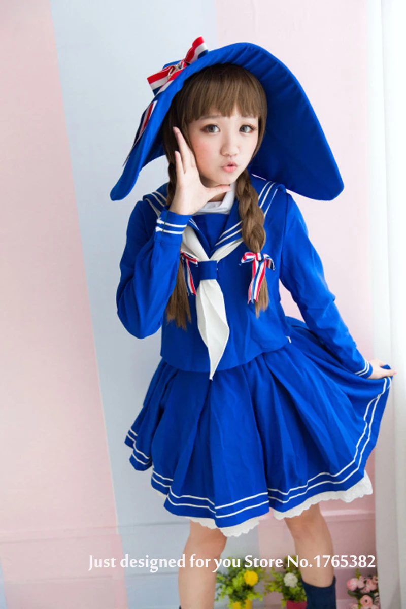 Erwachsene Frauen Anime Wadan ohara Cosplay Kostüm Japan Mädchen weiß blau Seemann Uniform Set Top Rock Schal Kopf bedeckung