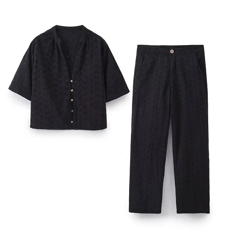 

Summer Women's Two-Piece Outfit Short-Sleeved V-Neck Shirt Top High-Waisted Wide-Legged Pants Suit 2024 Fashion Women's Suit