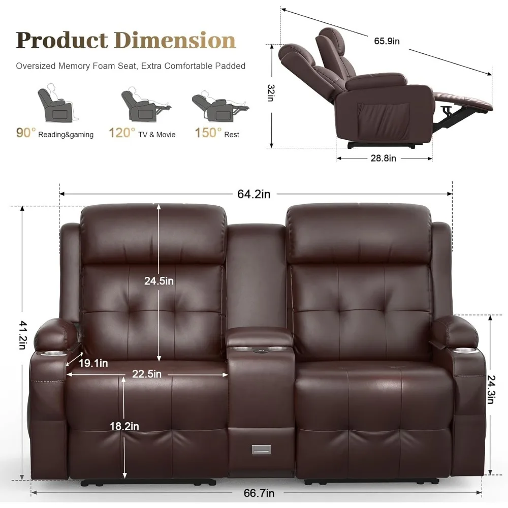 Leisure Chair Style Double Sofa,massage Double Sofa,RVwith Console,USB,C Port,storage Space,cup Holder, Living Room Wall Mounted