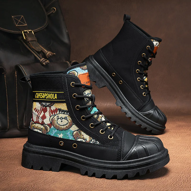 

Мужские ботинки, высокие повседневные ботинки на все времена года, ботинки из канваса, модные рабочие ботинки, уличные ботинки с мягкой подошвой, нескользящие, на толстой подошве.