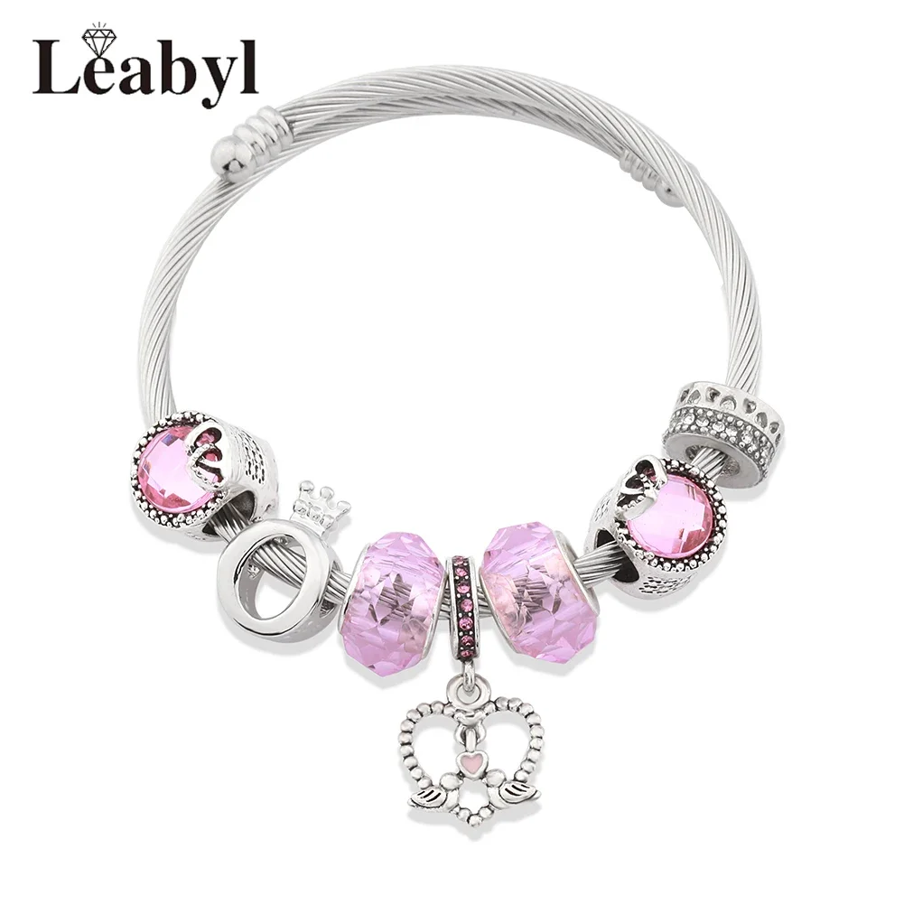 Trendy Singing Birds Fragrant Flowers Diy Bead Bracelet for Women Girl Gift Pink Crystal Charm Bangle Resizable Jewelry