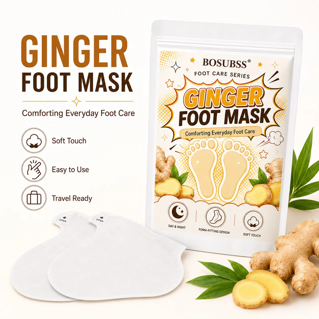 Ginger Foot Mask Socks Soft Form Fitting Disposable Foot Care Masks Easy to Use for Home Travel Beauty Routine