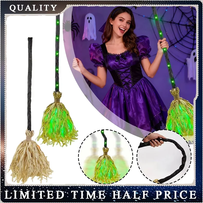 Halloween LED Light Up Witch Broom Flexible Bendable Handle Witch Broomstick Cosplay Costume Prop Halloween Party Decor Toy Gift