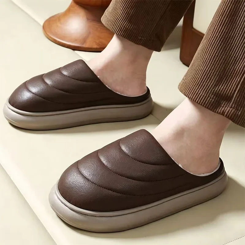 Platform Waterproof Lightweight Plush Slippers Men's Winter 2026 Thick Bottom Non Slip Cotton Shoes Man Comfy Warm House Clogs