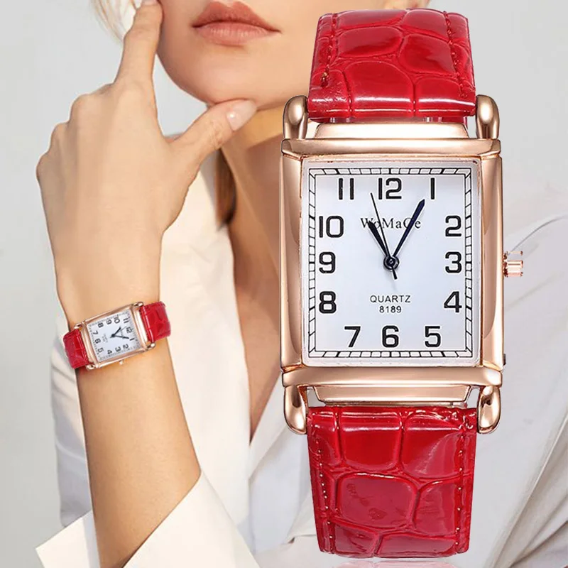 Fashion Women Watches Luxury Metal Rose Gold Square Ladies Quartz Wristwatch Rectangle Red Leather Female Clock