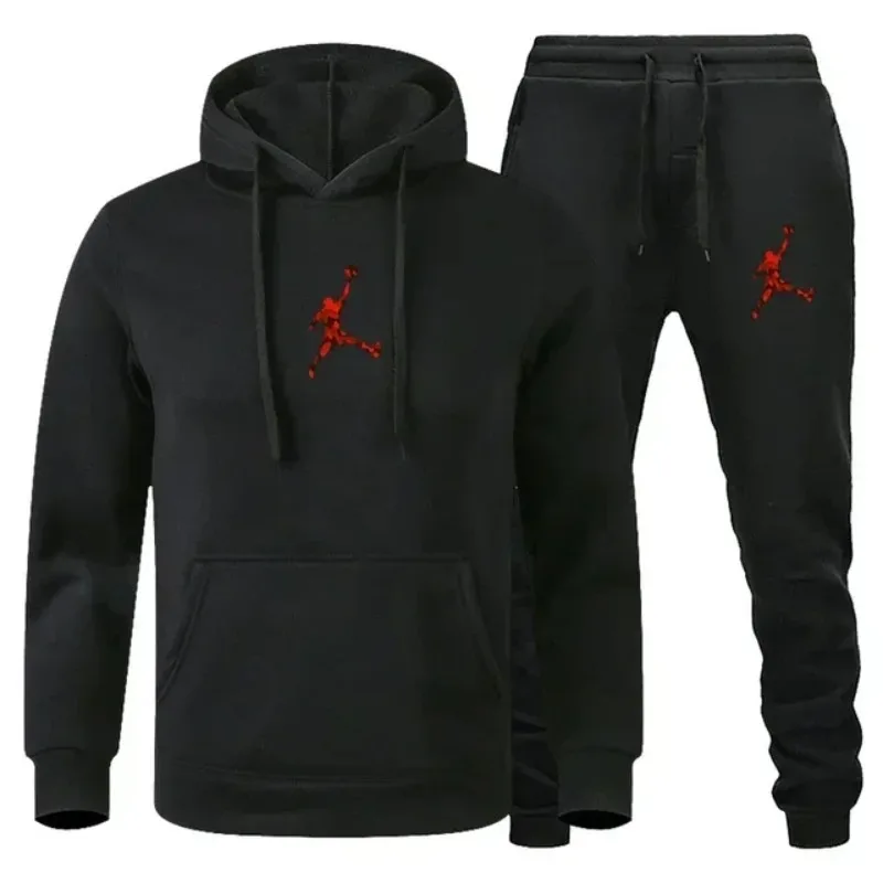 

A 2-piece men's outdoor fitness sportswear set featuring a hooded long-sleeved sweatshirt, pullover and casual pants for autumn
