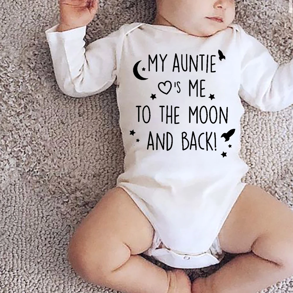 

Детское боди My Auntie Take Me To The Moon and Back с принтом для новорожденных мальчиков, одежда с длинными рукавами, модная повседневная одежда, лучшие подарки