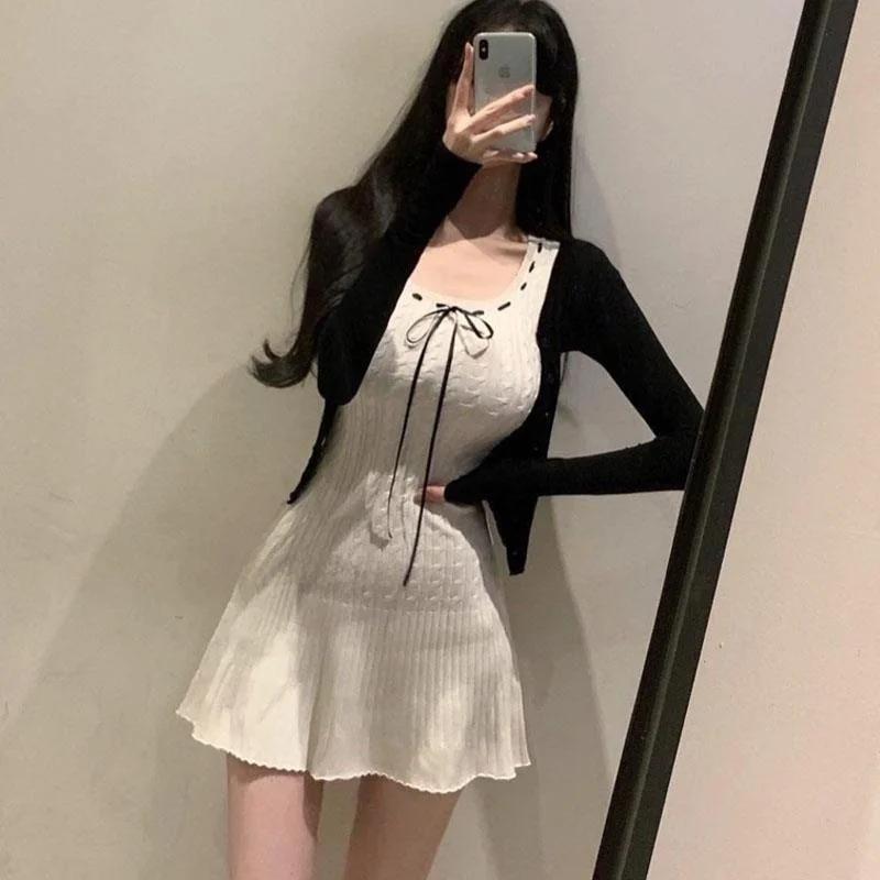 UK276 Damen-Strickkleid mit DString, U-Ne-Rock mit hoher Taille, A-Linie, süßer Sle-Sommer-Faion-Knoten