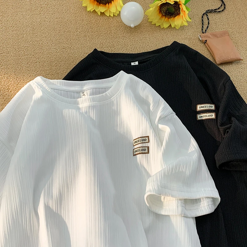 Textured Ice Silk Short Sleeve T-Shirt Men's Summer Thin Loose 5-Point Half Sleeve American Retro Neutral Style Body Shirt