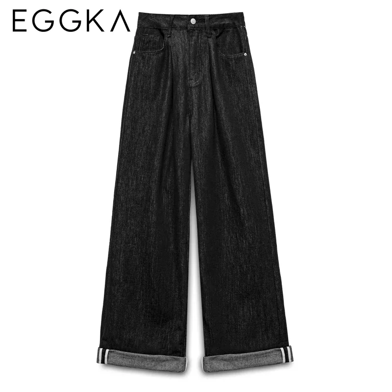 EGGKA Autumn Casual Wide-leg Jeans Women\'s Retro High-waist Jean Slim Straight Pants Korean Fashion Vintage Dark Blue Trousers