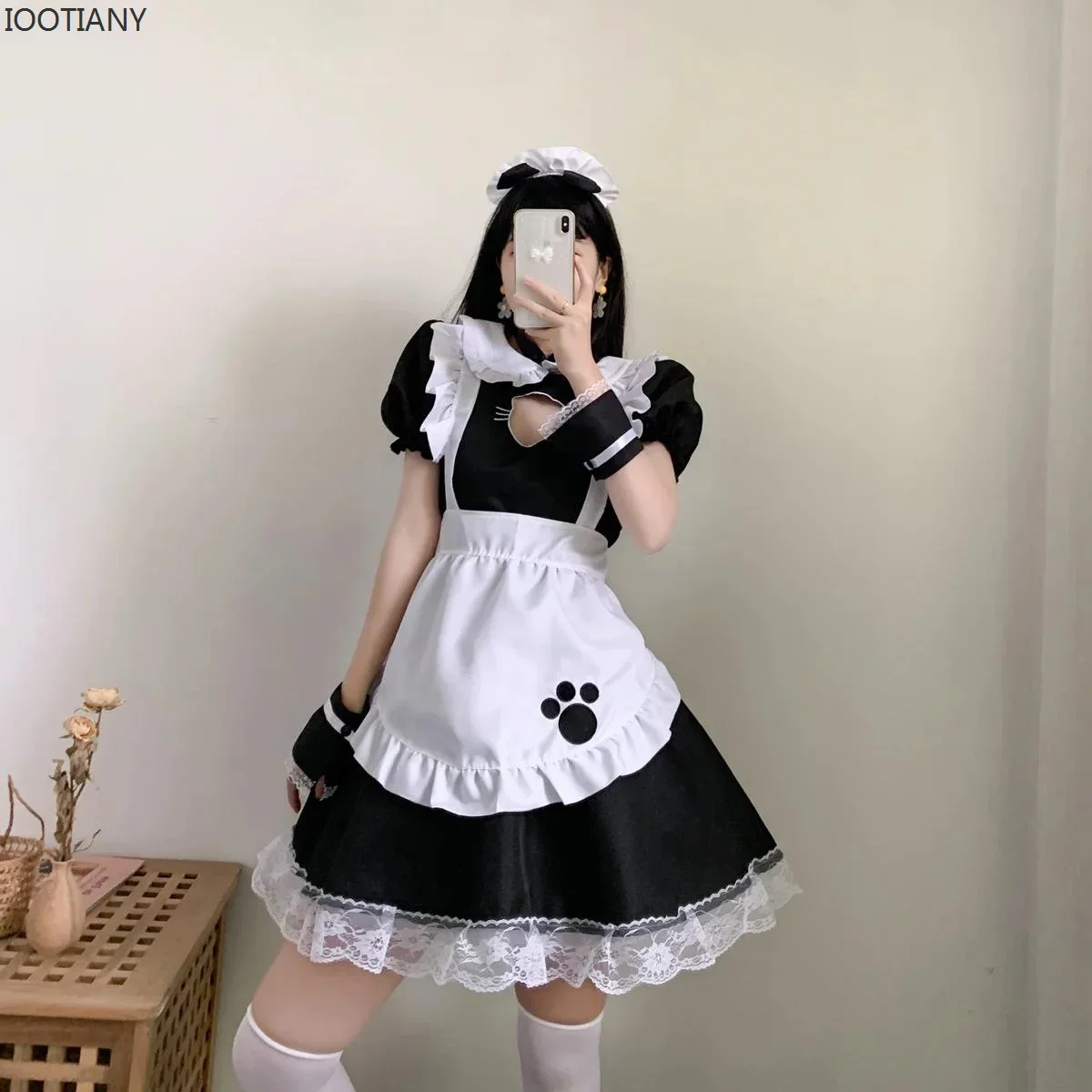 

CosplayIootiany Sexy Black Cat Girl Fantasy French Maid Costume Gothic Sweet Lolita Dress Cute Anime Cat Cosplay Temptation Unif