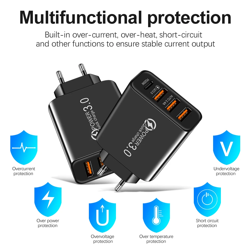 3USB Phone Charger Type-C Quickly Charging Adapter PD20W QC Fast Charger Mobile Phone 5V Volt Power Supply USB Port image 3