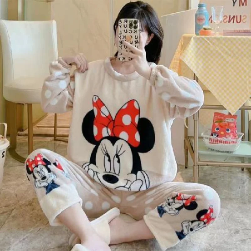 Disney coral fleece pajamas winter fleece thickened warm loose cartoon comfortable Mickey Mouse women\'s pajamas loungewear set