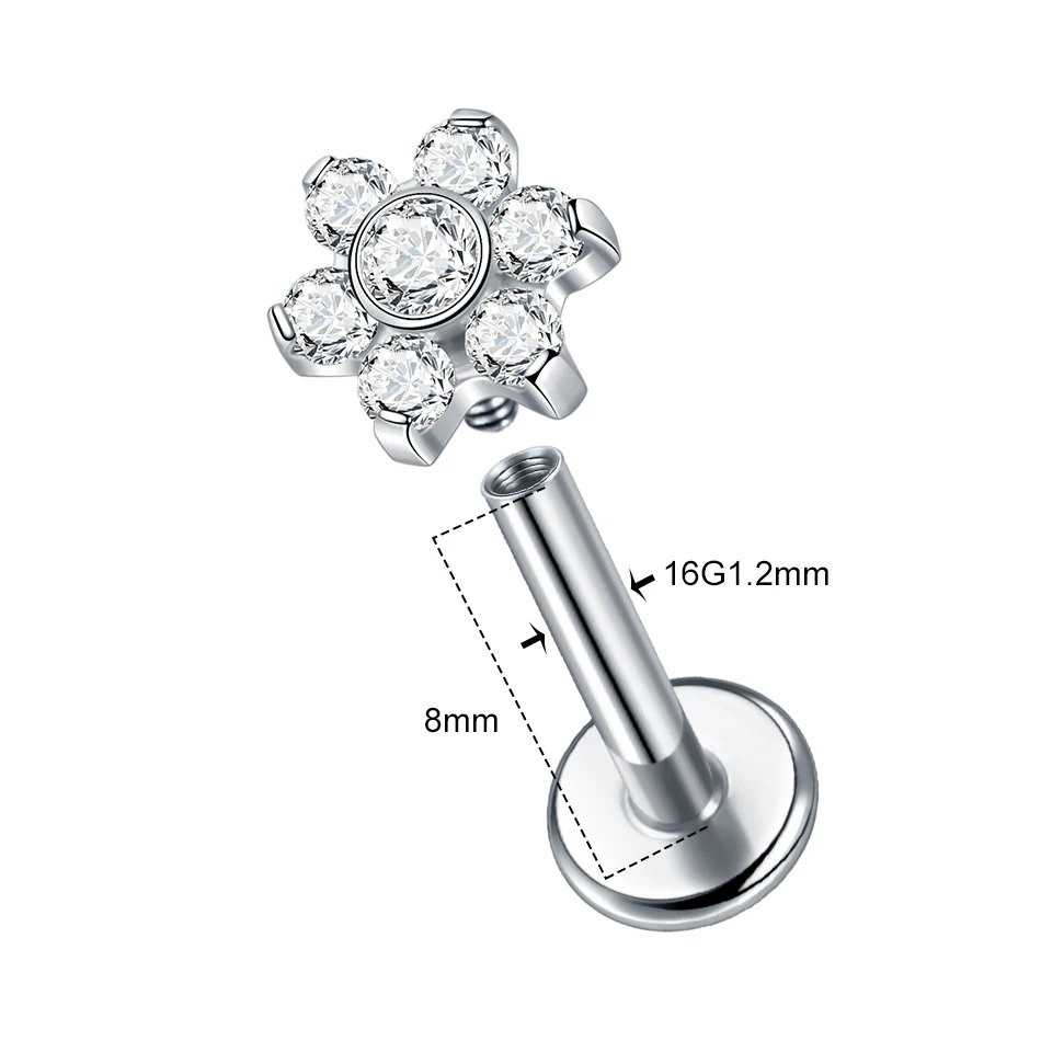 1/5PCS Titanium Flower Stud Earring for Women Internally Threaded Zircon Cartilage Tragus Labret Piercing Jewelry