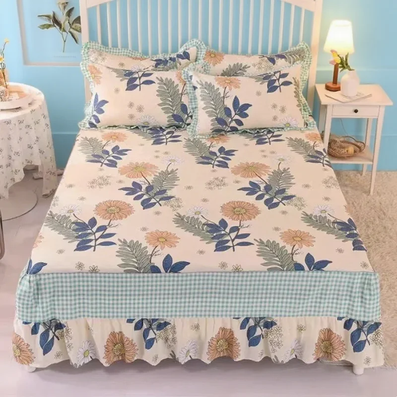 3pc Soft anti mite pure cotton bed skirt  skin friendly and comfortable printed bed sheet  optional pillowcase