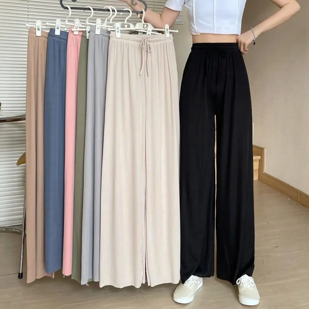 

Women Ice Silk Pants Elastic High Waist Adjustable Drawstring Straight Wide Leg Pants Solid Color Long Trousers For Daily Wear