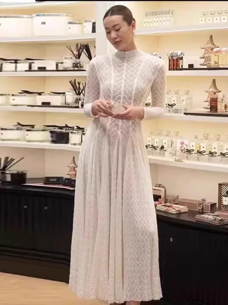 

HANGXI Elegant Lace Gauze Spliced Half High Collar Solid Color Draped Girdling Women's Evening Dresses 2025 Spring New