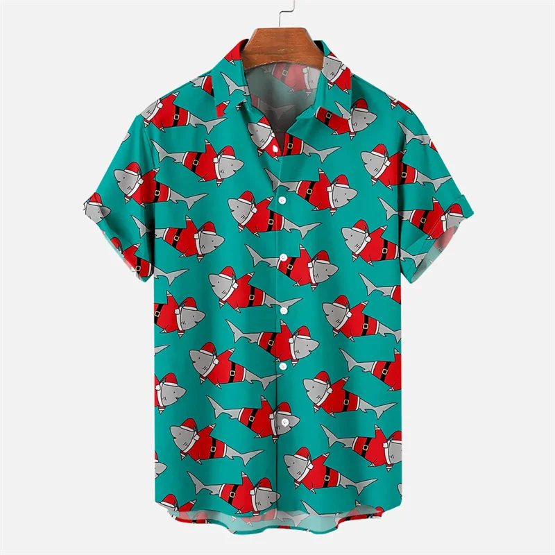 Feliz natal tubarão camisa gráfica masculina 3d impresso natal camisas havaianas férias praia camisa na moda feminina lapela blusa topos