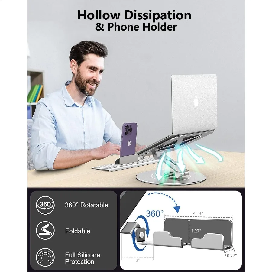 Подставка для ноутбука с держателем для телефона Регулируемая подставка для ноутбука с вращающимся на 360° основанием Алюминиевый держатель для крепления компьютера Эргономичный ноутбук