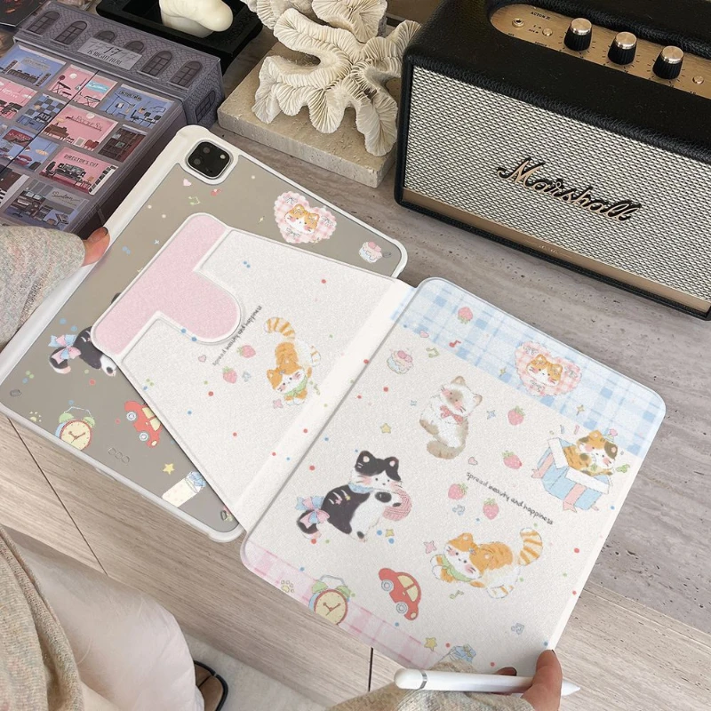 Cute Cartoon Cat Tablet Case For iPad Pro 11 12.9 13 A16 M2 M4 M3 M5 Shell 8.3 9.7 10.2 5/6/7/8/9/10/11th Mini Air 3 4 5 6 Cover