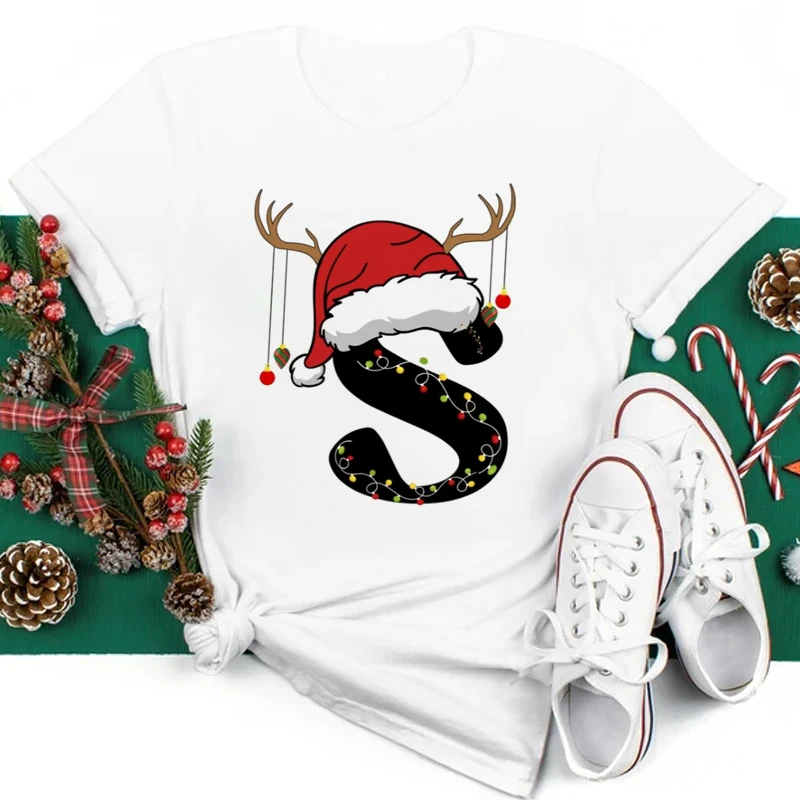 Custom Name Letter Combination Women T-shirt Cute Christmas Hat Font A B C D E F G Short Sleeve Tops Merry Christmas T-shirts
