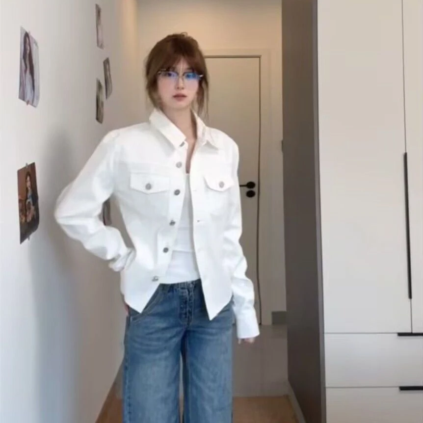 Casual Style Women's Loose Fit Long Sleeve Shirt Double Pocket Button up Cardigan White Autumn Winter New Arrival Outerwear Top