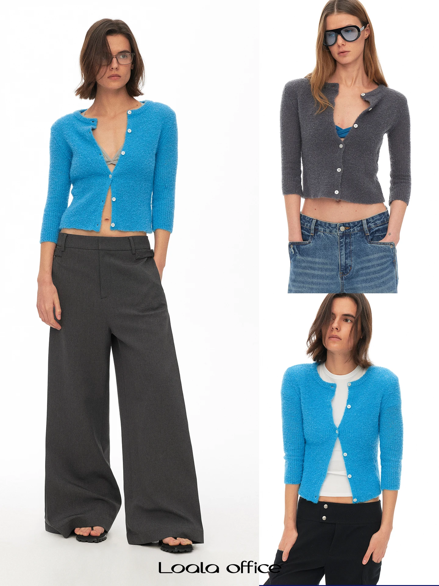 

Loala Office Soft Cozy round Neck Knitted Open Cardigan Seven Sleeve Single Button Loose Fit Women's Polyester Knitted Sweater